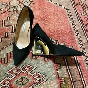 Diane Von Furstenburg Balgo Black Suede Gold Wedge Pump Size 7.5
